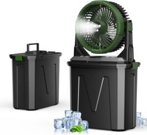 Camping Misting Fan with LED Lantern, 20000mAh Rechargeable Battery Operated Fan with 3 Large Spray Outlets & Hanging Hook, 4 Speeds,Remote Control for Camping, Fishing,Travel