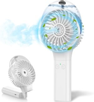 MORECORE Portable Misting Fan, 180° Foldable Handheld Personal Fan with Mist Spray, 3 Adjustable Wind Speeds, USB Rechargeable for Travel Outdoors Makeup Camping Home Office (White)