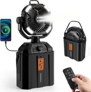 Odoland Portable Camping Fan with LED Light, 30000mAh Rechargeable Battery Operated Oscillating Fan with Remote & Hook, 6L Bucket Misting Fan for Outdoors Patios,Travel,Jobsite, Black