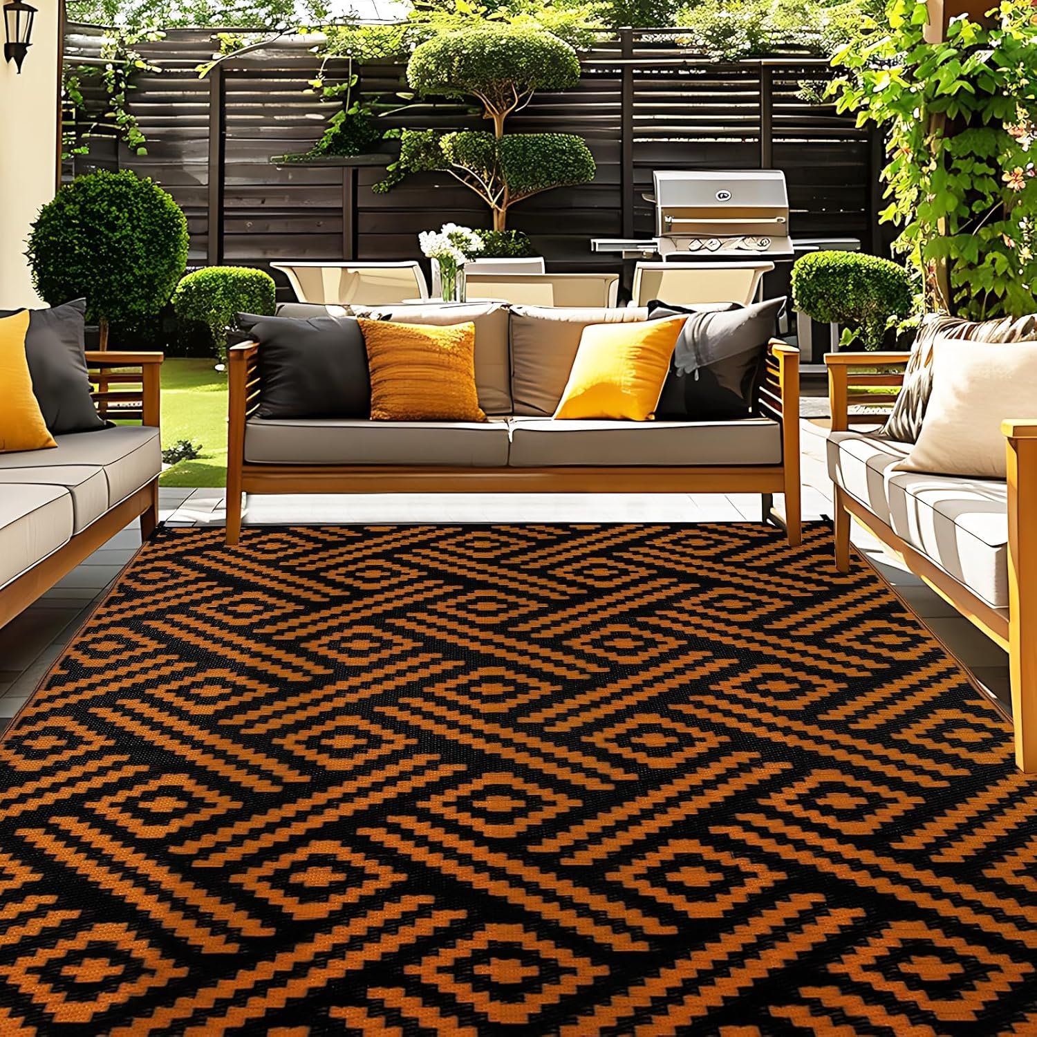 OPPODREAM Outdoor Rug 5×8 Ft, Waterproof Outdoor Plastic Straw Rug for Patio, Reversible Out Door Carpet for Camping, Deck, Rv, 5 x 8 Area Carpet for Balcony, Porch, Backyard, Black and Orange