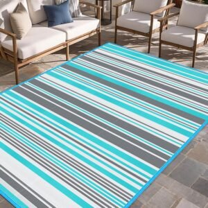 Outdoor Patio Plastic Rug Waterproof – Outdoor Rugs for Camper Outside, Rv, Porch Deck Rug Clearance, Area Carpet for Outside, Balcony, Patio Decor, Blue & Grey, 4×6 ft