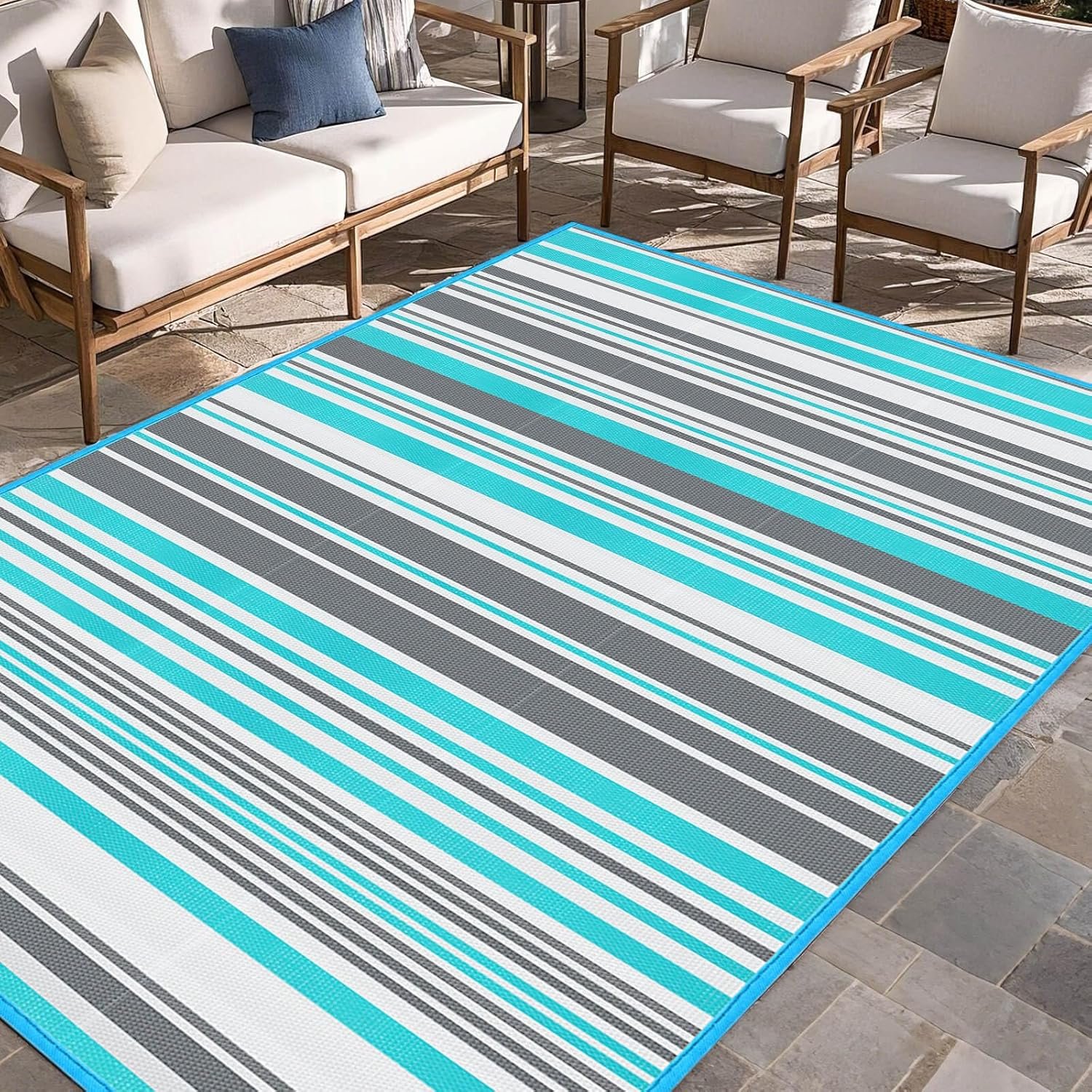Outdoor Patio Plastic Rug Waterproof – Outdoor Rugs for Camper Outside, Rv, Porch Deck Rug Clearance, Area Carpet for Outside, Balcony, Patio Decor, Blue & Grey, 4×6 ft