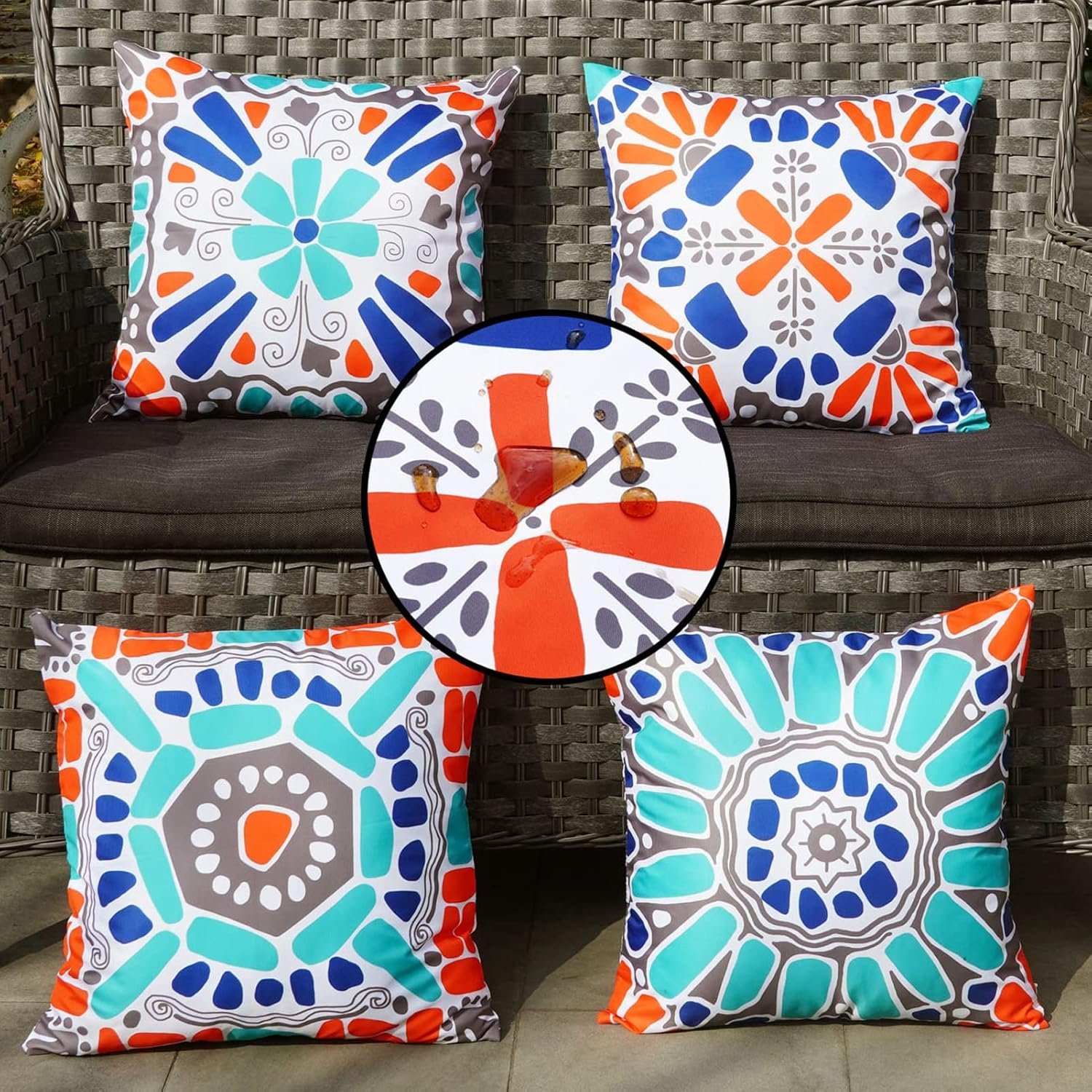 ONWAY Outdoor Waterproof Pillow Covers 18×18 Set of 4 Floral Boho Decorative Throw Cushion Cover Farmhouse Pillows for Bench Couch Patio Furniture