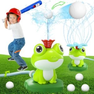 Water Sprinkler Baseball Toy for Kids: 2 in 1 Frog Sprinkler Tee Ball Set 360° Roating Spray Water Attaches to Garden Hose Outdoor Play for Boys Girl Summer Splashing Fun Backyard Lawn Pool Party Game