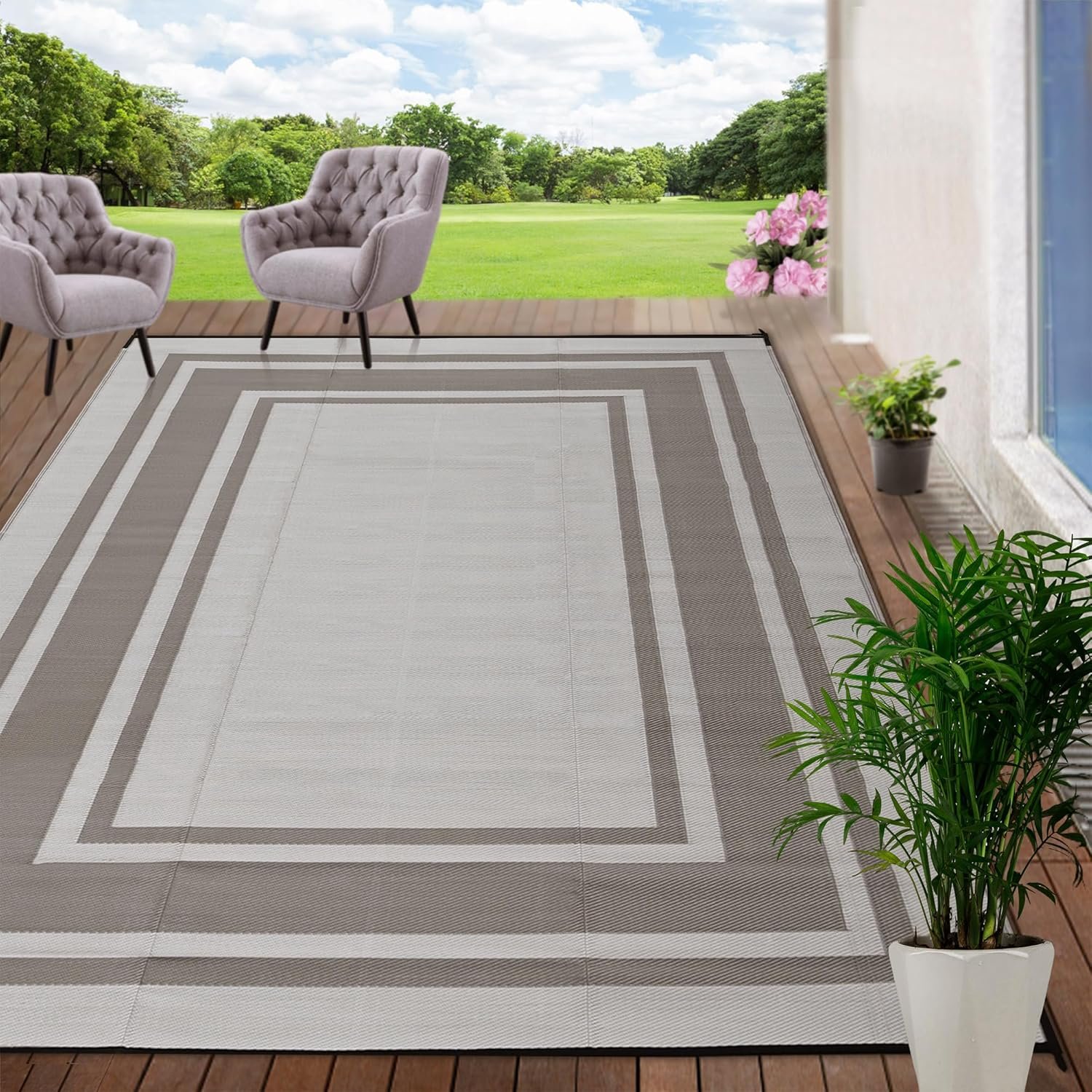 RURALITY Outdoor Rugs 8×10 Waterproof for Patios Clearance,Plastic Straw Mats for Backyard,Porch,Deck,Balcony,Reversible,Geometric