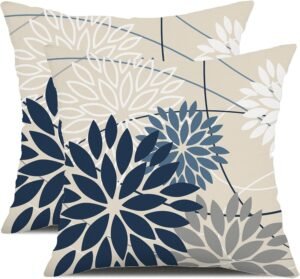 Blue and Gray Floral Pillow Covers 18×18 Set of 2 Outdoor Waterproof White Colored Decorative Throw Pillows Summer Pillowcase Polyester Cushion Case Decor for Couch Patio Funiture Garden Porch 01B18