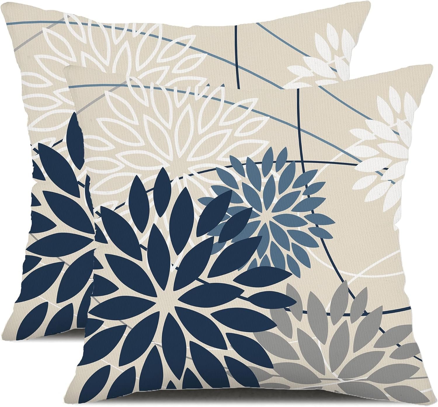 Blue and Gray Floral Pillow Covers 18×18 Set of 2 Outdoor Waterproof White Colored Decorative Throw Pillows Summer Pillowcase Polyester Cushion Case Decor for Couch Patio Funiture Garden Porch 01B18