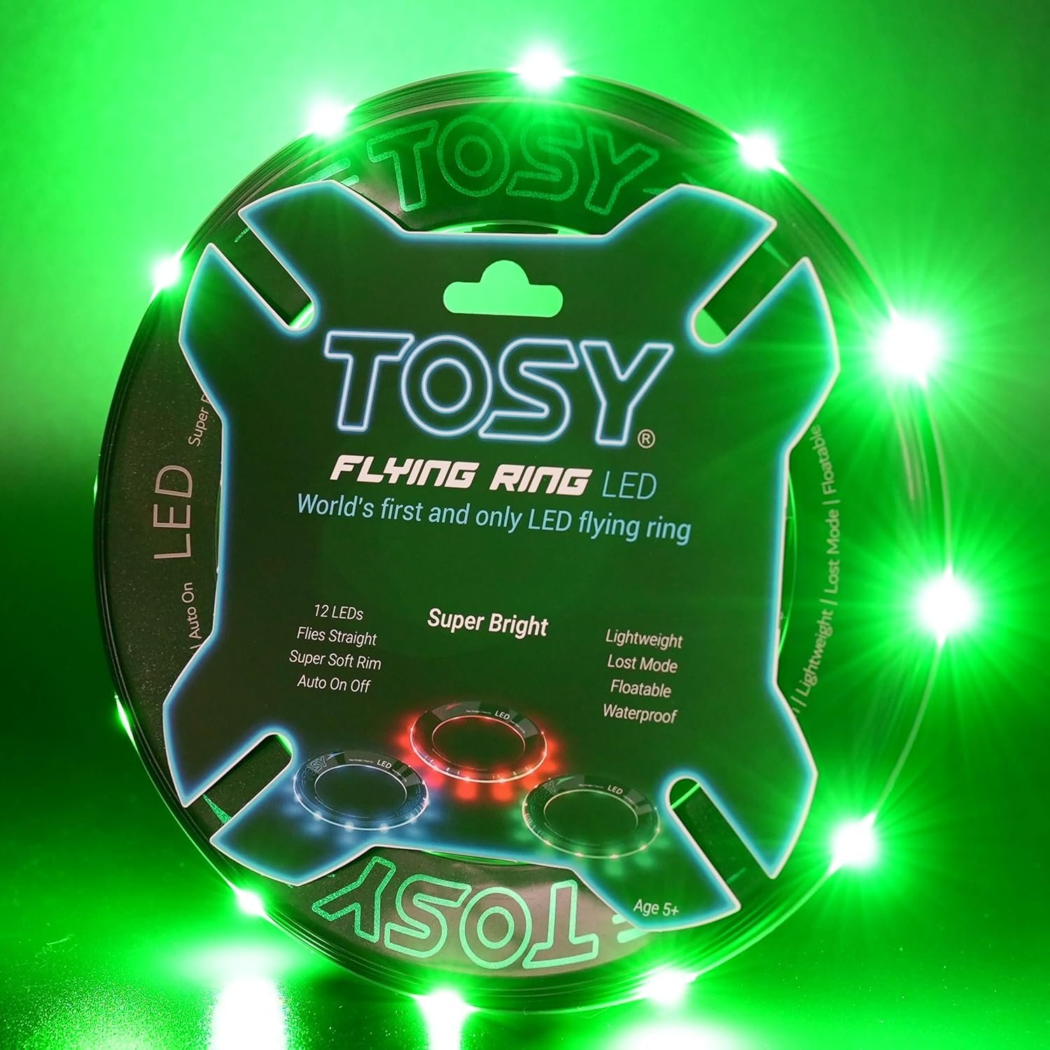 TOSY Flying Ring – 12 LEDs, Super Bright, Lost Mode, Auto Light Up, Camping Essentials for Kids/Teens/Boy/Girl, Safe & Soft, Waterproof, Pool/Beach Games, Lightweight Toy (Green)