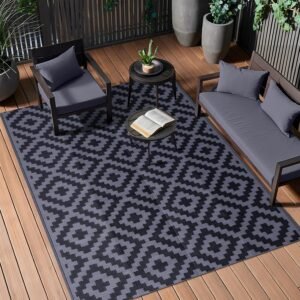 OLANLY Waterproof Outdoor Rug 5×8 ft, Outdoor Plastic Straw Rug for Camping, RV Mat Outside, Indoor Outdoor Carpet for Porch, Deck, Backyard, Balcony, Picnic, Black & Grey