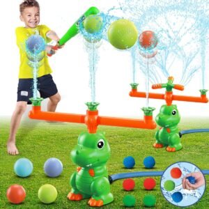 VATOS Water Sprinkler Baseball Outdoor Toy for Kids, 4 in 1 Dinosaur 360° Spin Sprinkler Water Tee-Ball & Ball, Summer Fun Play Games Outside Backyard Yard Garden Lawn for Toddlers Boys Girls