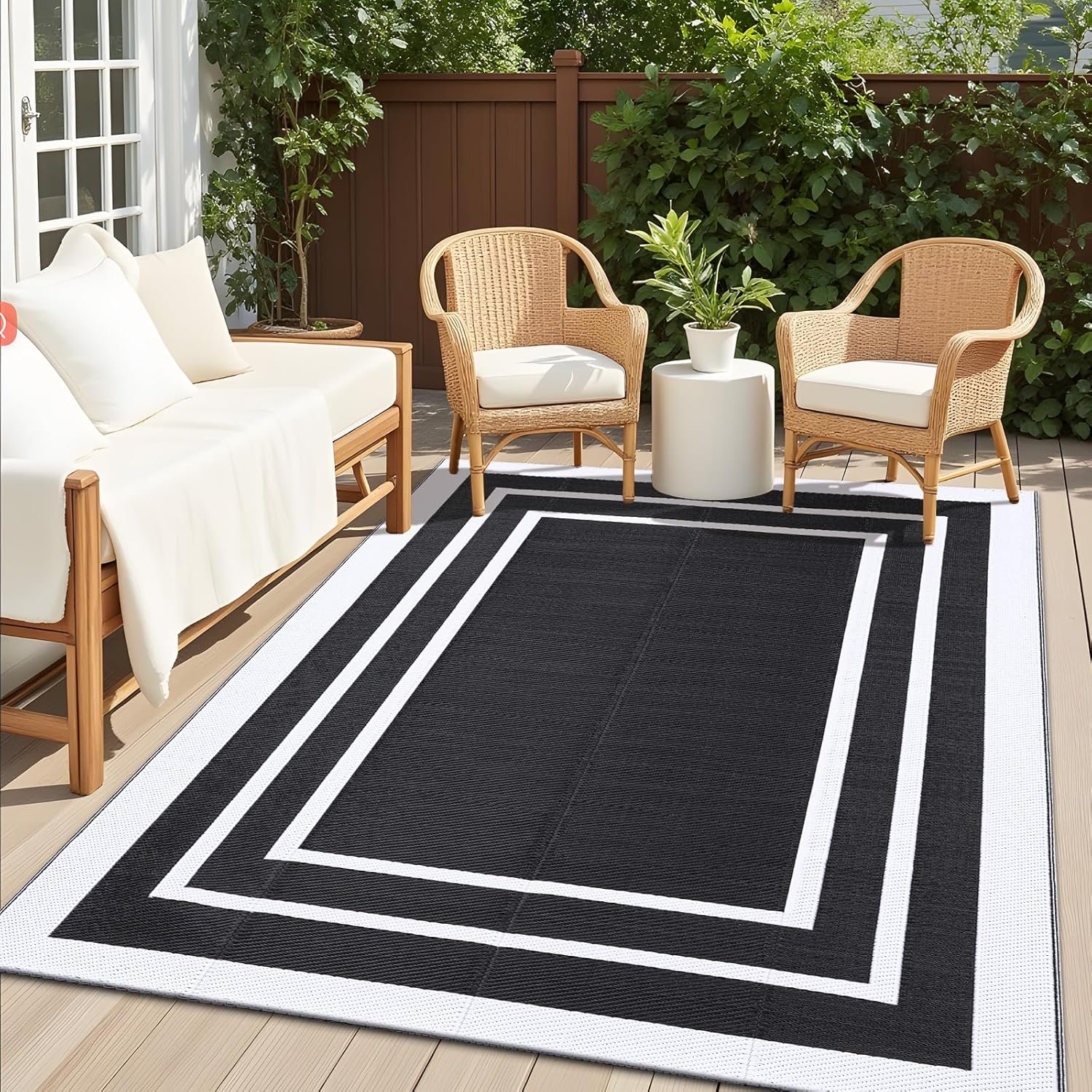 OLANLY Outdoor Rug 5×8 ft Waterproof, Reversible Outdoor Plastic Straw Rug, RV Mat, Indoor Outdoor Carpet Clearance for Patio, Camping, Balcony, Deck, Backyard, Black & White