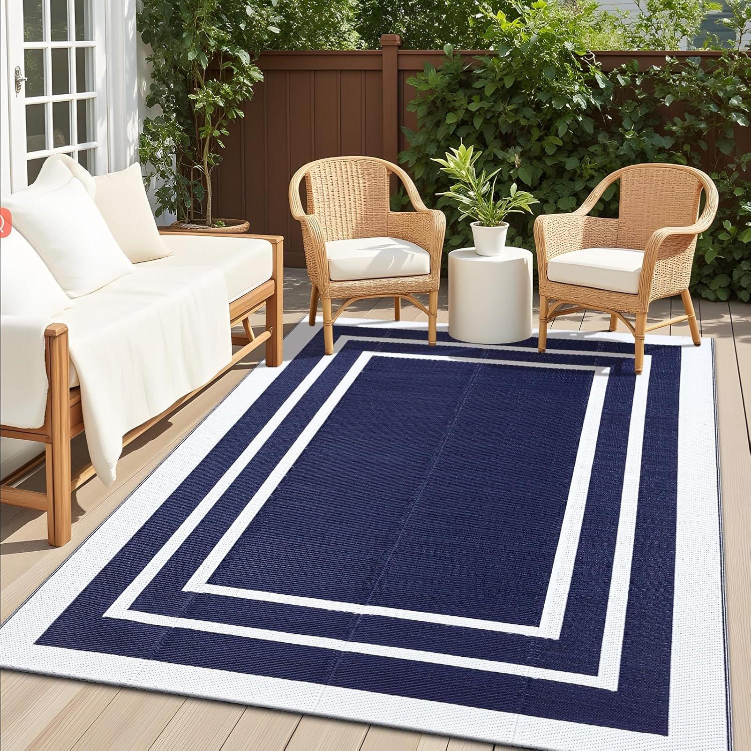 OLANLY Outdoor Rug 5×8 ft Waterproof, Reversible Outdoor Plastic Straw Rug, RV Mat, Indoor Outdoor Carpet Clearance for Patio, Camping, Balcony, Deck, Backyard, Navy & White