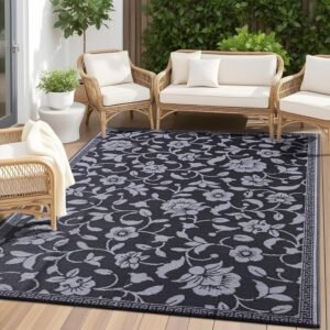 OLANLY Waterproof Outdoor Rug 5×8 ft, Outdoor Plastic Straw Rug with Flower Pattern, Reversible RV Mat for Patio, Camping, Balcony, Deck, Backyard, Black & Grey