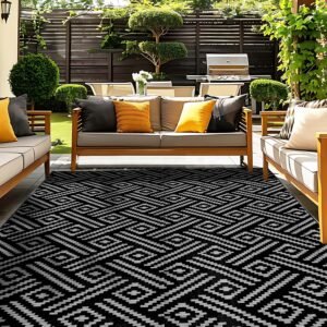 OPPODREAM Outdoor Rug 5×8 Ft, Waterproof Outdoor Plastic Straw Rug for Patio, Reversible Out Door Carpet for Camping, Deck, Rv, 5 x 8 Area Carpet for Balcony, Porch, Backyard, Black and Grey