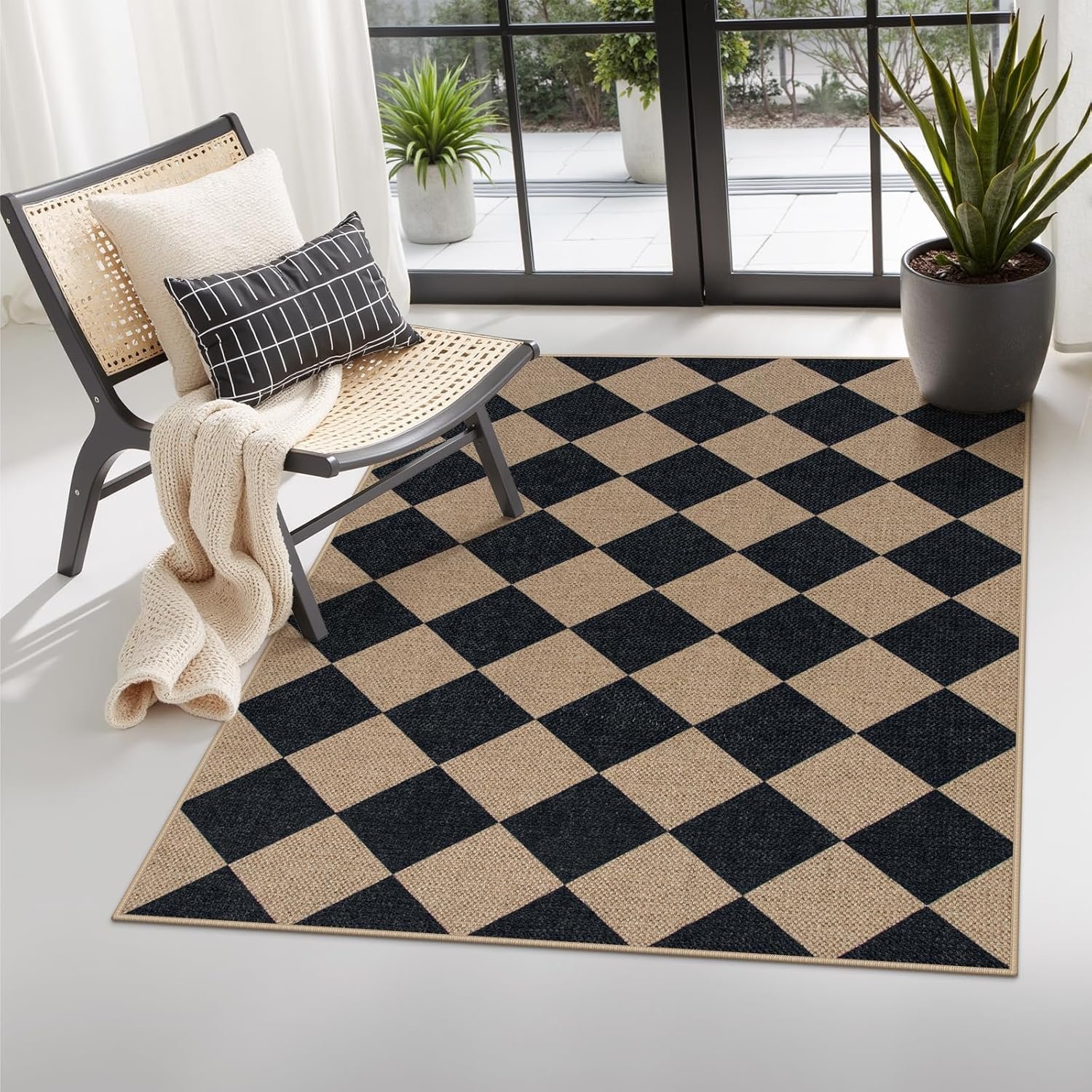 Lahome Checkered Easy Jute Entry Rug, 3×5 Black Outdoor Patio Rug for Living Room Farmhouse Neutral Carpet, Washable Non Slip Indoor Door Mat Diamond Carpet for Front Door Deck Camping
