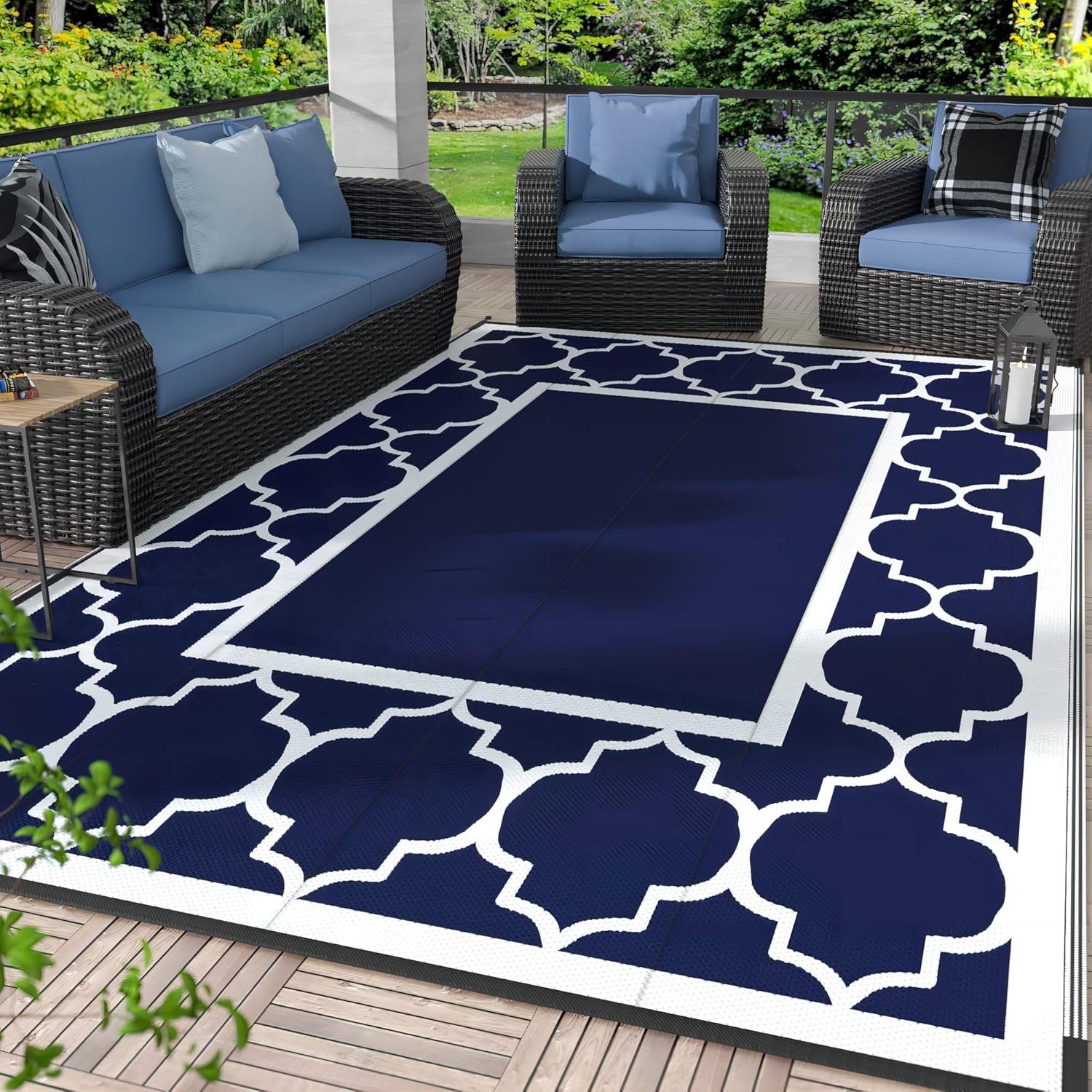 GENIMO 5′ x 8′ Outdoor Rug Waterproof for Patio Decor, Foldable Reversible Plastic Straw Area Rugs Mat for Camper, Outside Carpet for Rv, Deck, Porch, Picnic, Beach, Balcony, Blue & White