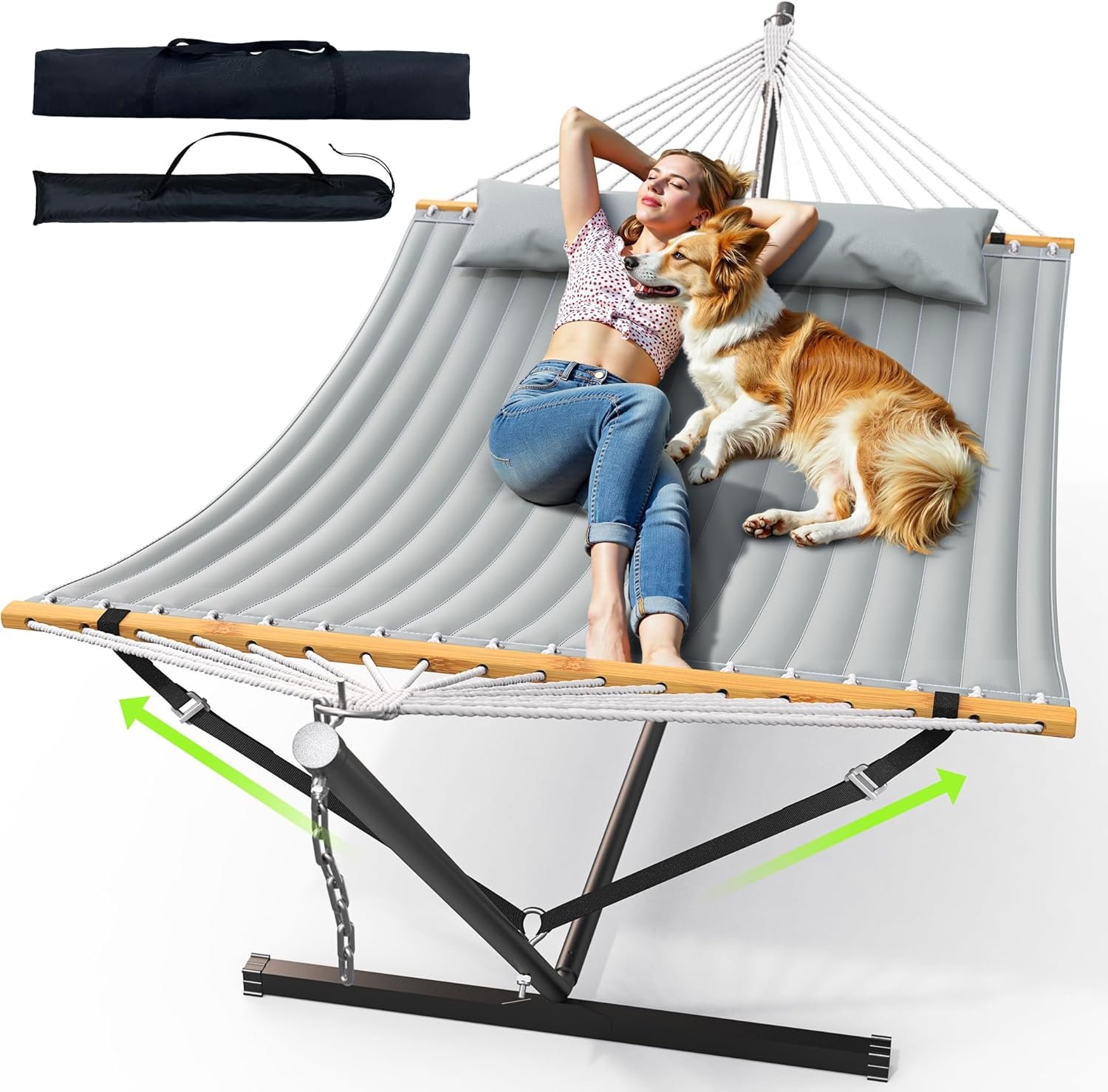 Double Hammock with Stand for Outdoor, Heavy Duty Portable Hammock with Adjustable Steel Stand for Patio, Garden, Beach, Backyard – Includes Carrying Bag,Dark Grey