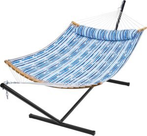 SUPERJARE Hammock with Stand, 2 Person Heavy Duty Hammock Frame, Detachable Pillow & Strong Curved-Bar & Portable Carrying Bag, Perfect for Outdoor & Indoor – Graffiti Blue