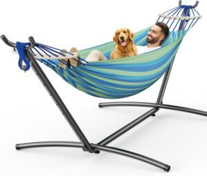 Double Hammock with Stand, 2 Person Hammock with Carrying Bag,Heavy Duty Portable,500 lb Capacity, Perfect for Both Indoors and Outdoors,Wide Blue