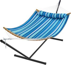 SUPERJARE Hammock with Stand, 2 Person Heavy Duty Hammock with Padded Cotton, Detachable Pillow & Strong Curved-Bar & Portable Carrying Bag, Perfect for Outdoor & Indoor, Blue Stripe