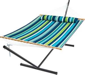 SUPERJARE Hammock with Stand, 2 Person Quilted Outdoor Hammock, Detachable Pillow & Bamboo Spreaders, Portable Hammock with Carrying Bag, Heavy Duty Stand, Perfect for Outside, Patio, Dark Cyan
