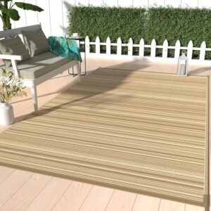 GENIMO Outdoor Rug for Patio Clearance, 5’x8′ Waterproof Rugs, Lightweight Plastic Straw Carpet, Reversible Mats for Camping, Porch, Deck, Rv, Backyard, Camper, Balcony, Coffee & Beige