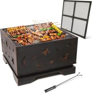 BBQ Charcoal Grill Fire Pit 26 Inch, Outdoor Barbecue Grill Extra Deep Wood Burning Firepit with Poker, Large Bonfire Burning Space Fireplace with Grilling Cooking Grate for Patio, Garden, Backyard