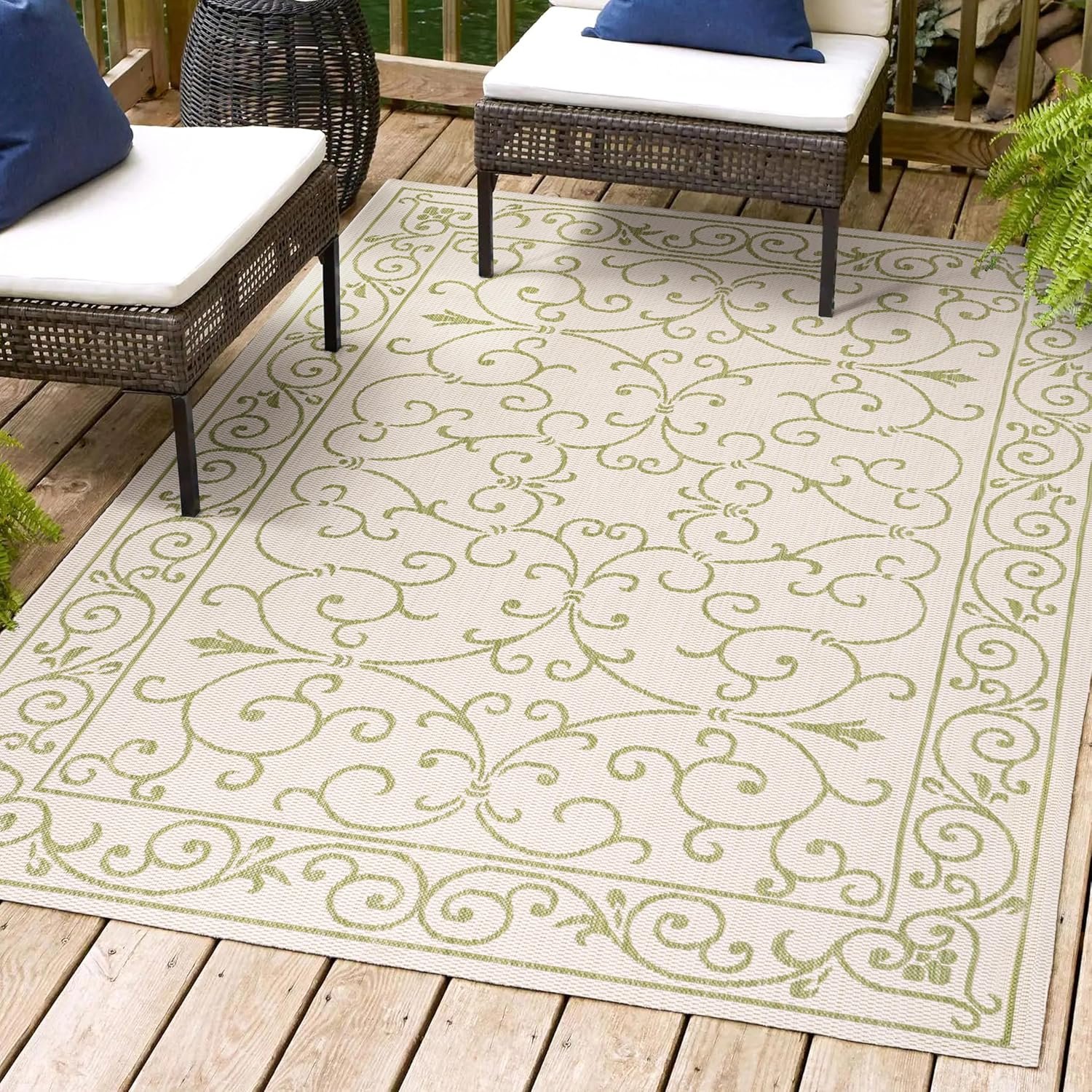 JONATHAN Y SMB106I-9 Charleston Vintage Filigree Textured Weave Indoor Outdoor Area Rug, Coastal,Traditional,Transitional Easy Clean,Bedroom,Kitchen,Backyard,Patio, Non-Shed, Cream/Green, 9 X 12