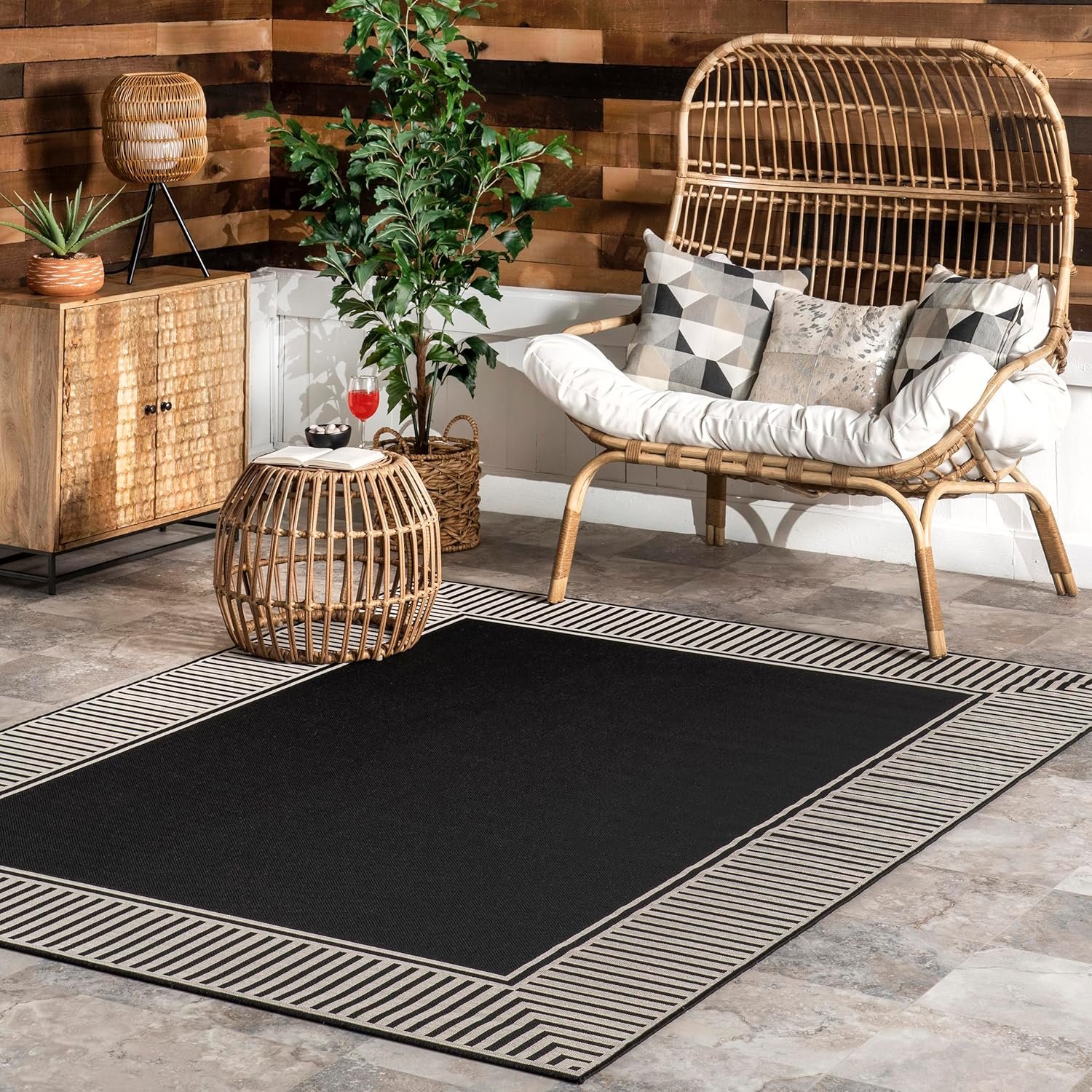nuLOOM 6′ 7″ x 9′ Outdoor Area Rug, Casual Design With Striped Border, Stain Resistant, Highly Durable, For Patio, Balcony, Bedroom, Living Room, Dining Room, Bathroom, Black