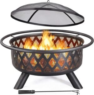 Yaheetech 36 Inch Outdoor Round Fire Pit – Backyard Patio Garden Stove Bonfire Wood Burning Firepit for Outside with Spark Screen and Poker