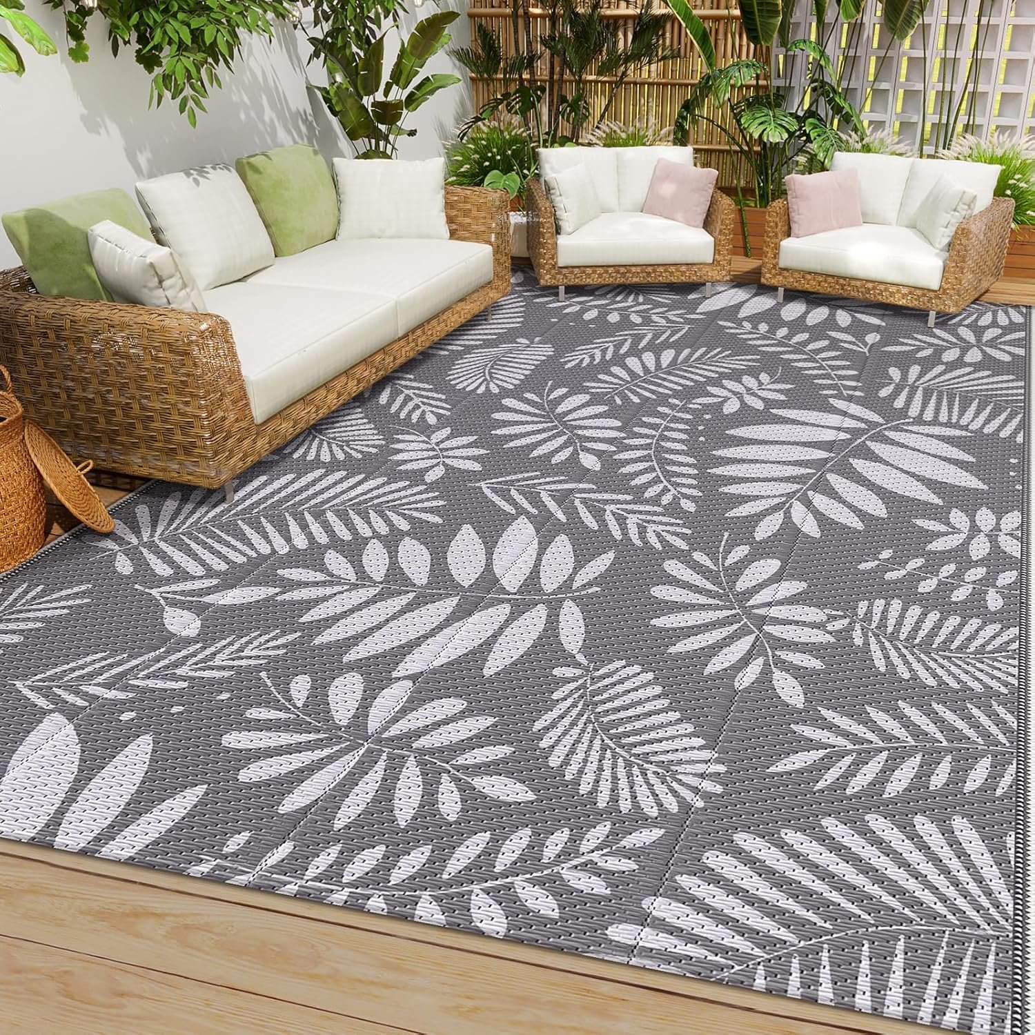 Outdoor Rug, Patio Rug, Plastic Straw Camping Rugs, Large Waterproof Area Rug and Mat for Outdoors, RV, Patio, Backyard, Deck, Porch, Beach, Balcony, (5’x 8′, White&Gray)