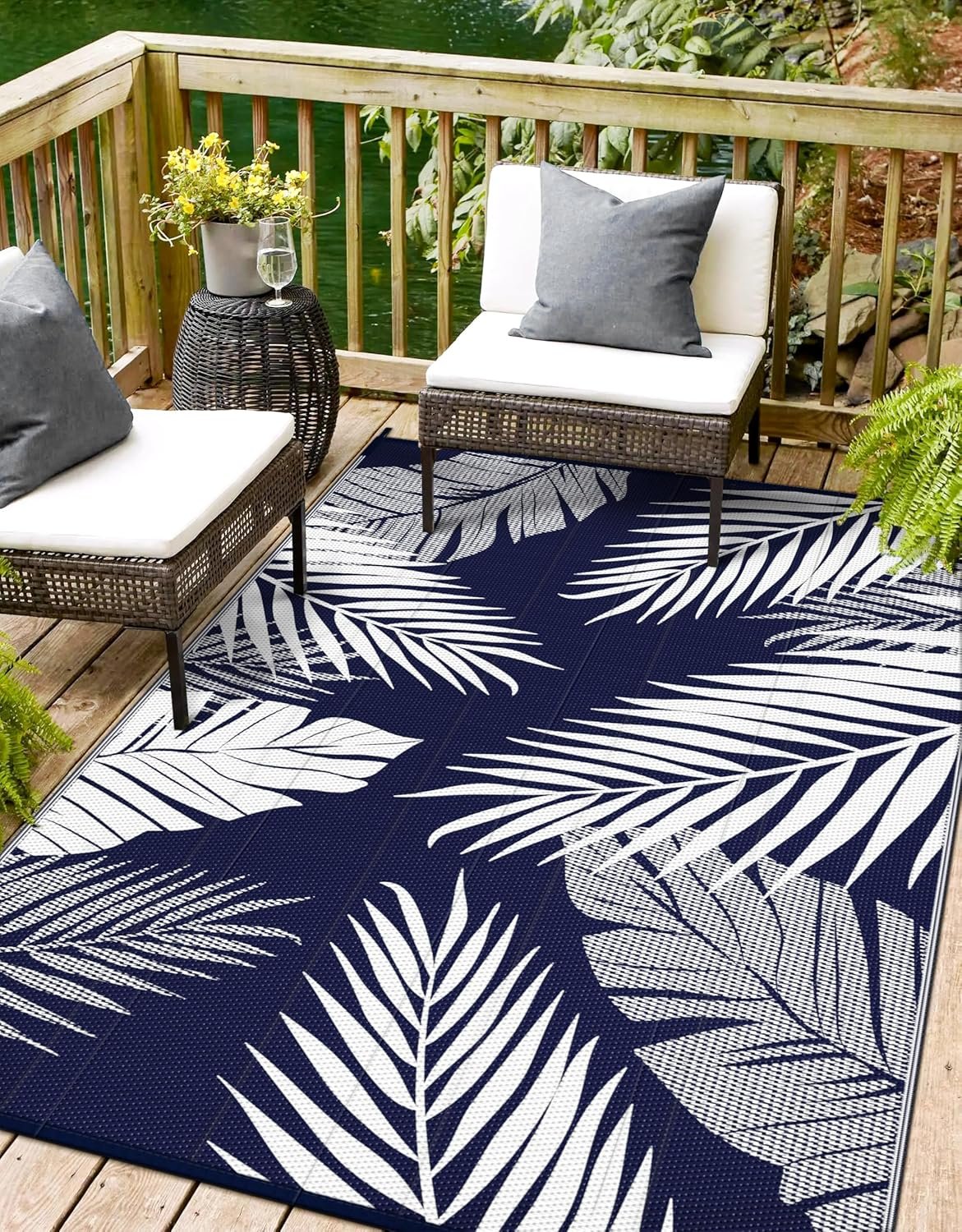 Outdoor Rug 4′ x 6′ for Patio Waterproof Clearance, Reversible Indoor Outdoor Plastic Straw Camping Rug Carpet, RV Mat, Large Area Rug for Deck, Backyard, Balcony, Porch, Navy Blue and White