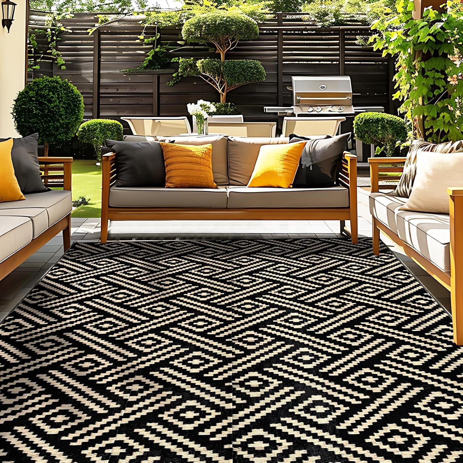 OPPODREAM Outdoor Rug 5×8 Ft, Waterproof Outdoor Plastic Straw Rug for Patio, Reversible Out Door Carpet for Camping, Deck, Rv, 5 x 8 Area Carpet for Balcony, Porch, Backyard, Black and Beige