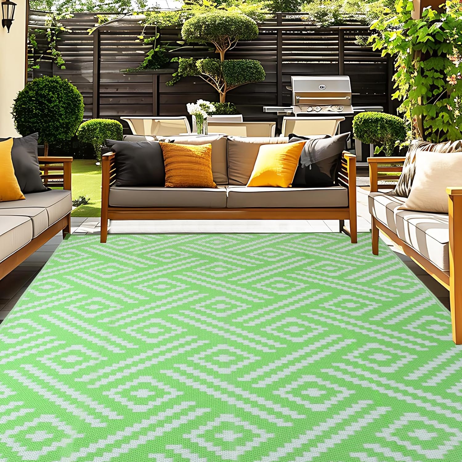 OPPODREAM Outdoor Rug 5×8 Ft, Waterproof Outdoor Plastic Straw Rug for Patio, Reversible Out Door Carpet for Camping, Deck, Rv, 5 x 8 Area Carpet for Balcony, Porch, Backyard, White and Green