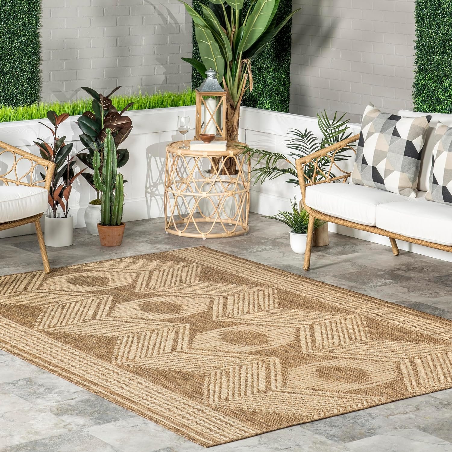 nuLOOM 6′ 7″ x 9′ Outdoor Tribal Geometric Area Rug, Stain Resistant, Weather Resistant, High Traffic, Patio, Balcony, Outside, Ranya Light Brown