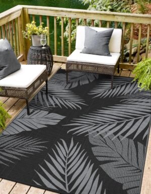 Outdoor Rug 4′ x 6′ for Patio Waterproof Clearance, Reversible Indoor Outdoor Plastic Straw Camping Rug Carpet, RV Mat, Large Area Rug for Deck, Backyard, Balcony, Porch, Beach, Black and Grey
