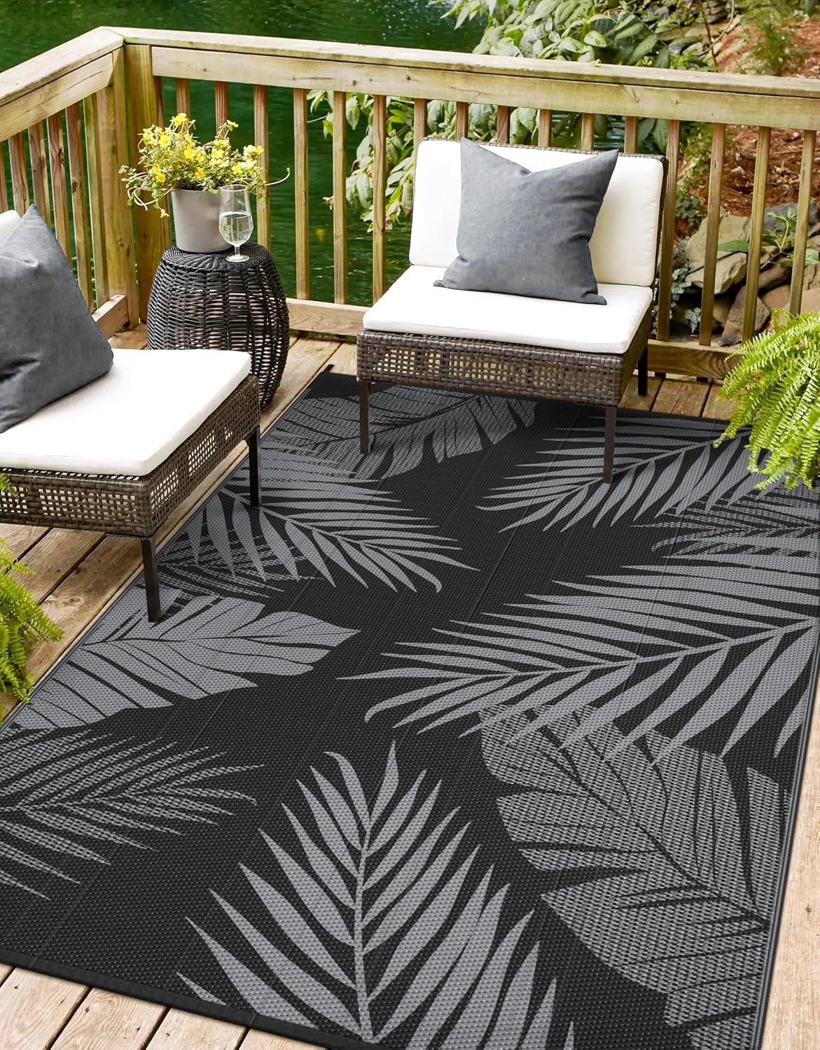 Outdoor Rug 4′ x 6′ for Patio Waterproof Clearance, Reversible Indoor Outdoor Plastic Straw Camping Rug Carpet, RV Mat, Large Area Rug for Deck, Backyard, Balcony, Porch, Beach, Black and Grey