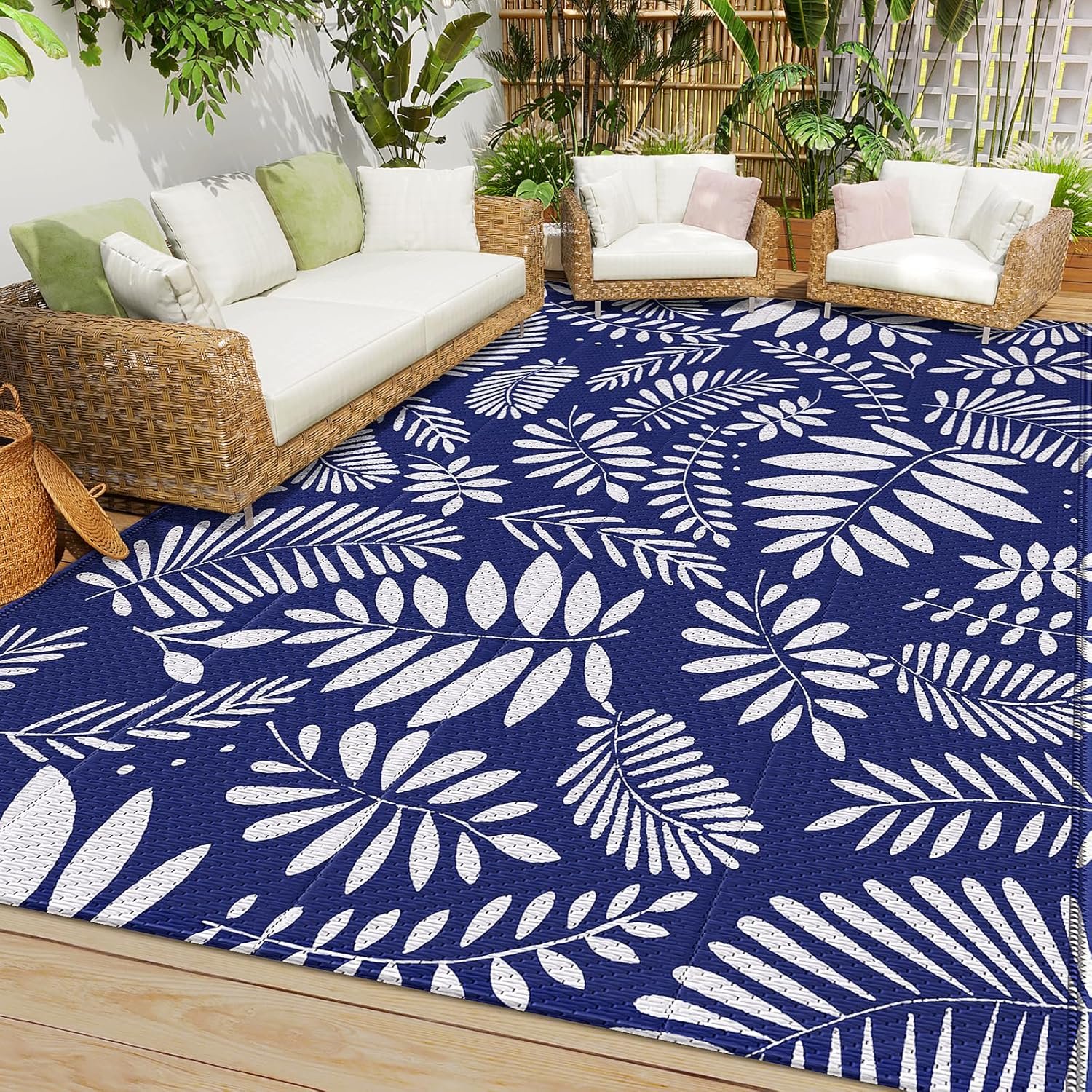 StepRite Outdoor Rug, Patio Rug, Plastic Straw Camping Rugs, Large Waterproof Area Rug and Mat for Outdoors, RV, Patio, Backyard, Deck, Porch, Beach, Balcony, (5’x 8′, White & Blue)