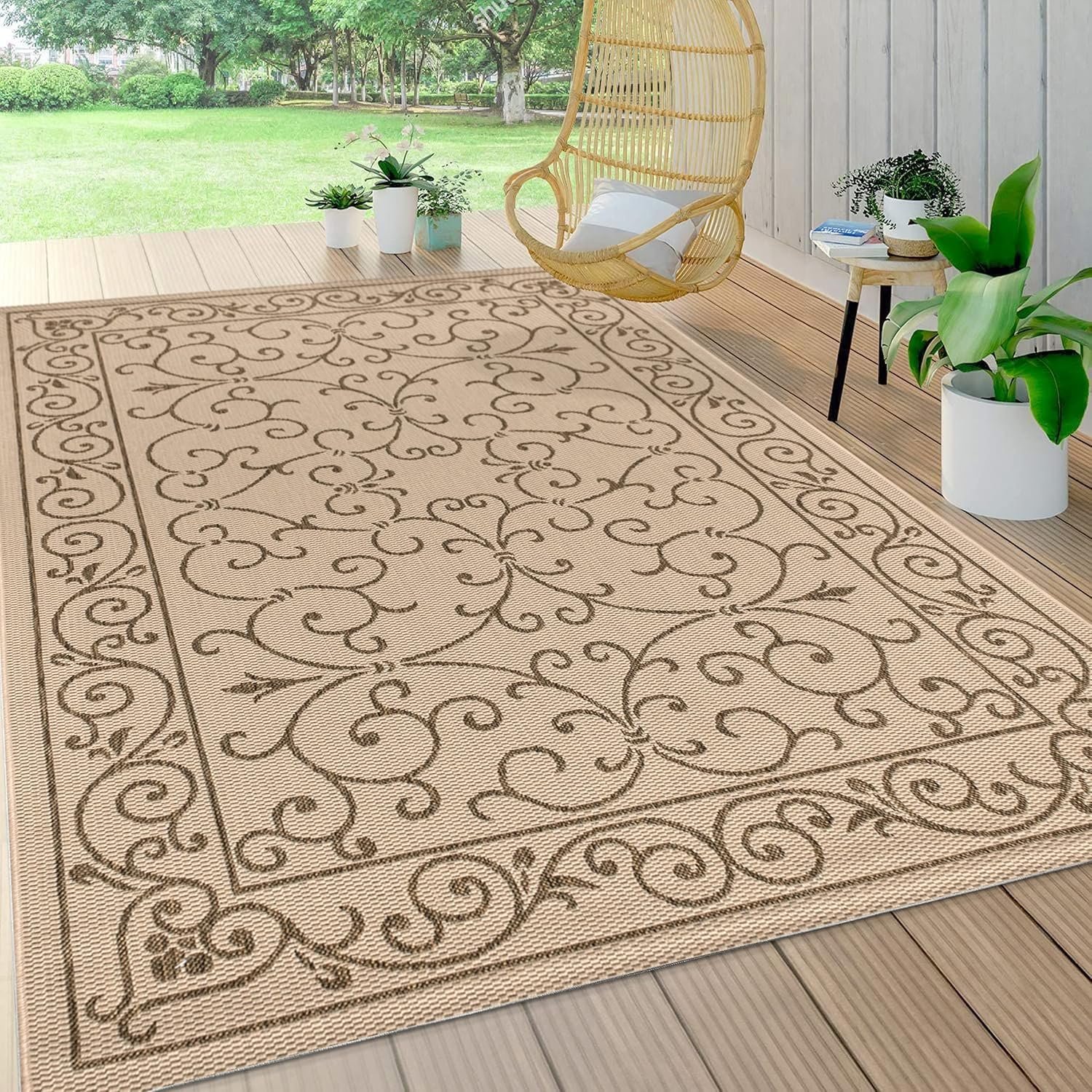 JONATHAN Y SMB106A-9 Charleston Vintage Filigree Textured Weave Indoor Outdoor Area Rug Classic Coastal Easy Cleaning Bedroom Kitchen Backyard Patio Non Shedding, 9 X 12, Beige/Brown