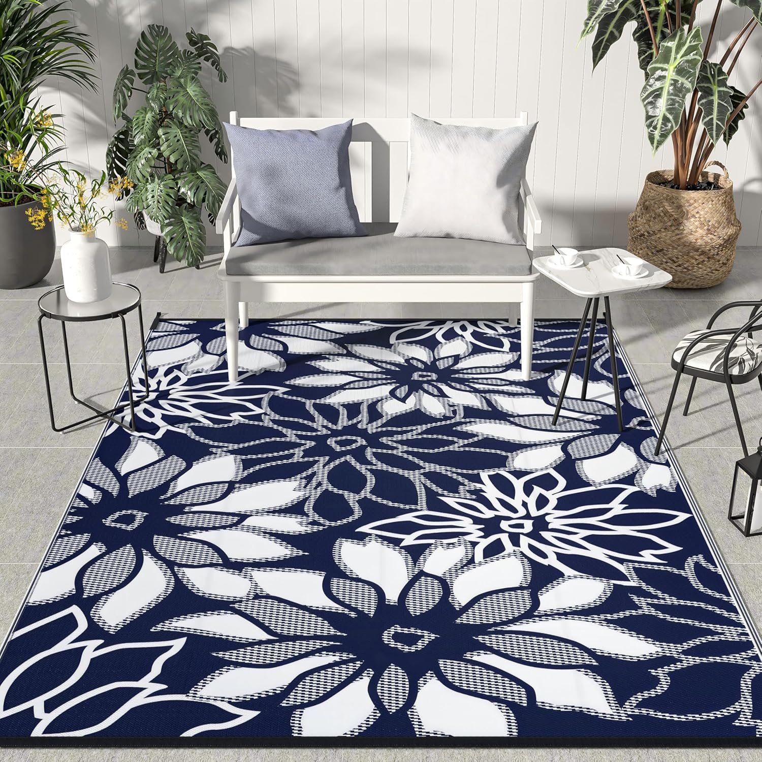 GENIMO Outdoor Rug Waterproof for Patio Decor, 5′ x 8′ Reversible Plastic Straw Floral Camping Carpet, Large Area Rugs Mats for RV, Camper, Deck, Balcony, Porch, Beach, Picnic, Blue & White