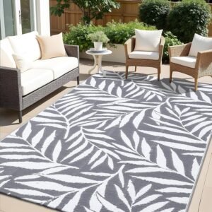 OLANLY Waterproof Outdoor Rug 5×8 ft, Reversible Outdoor Plastic Straw Rug with Leaf Pattern, RV Mat, Indoor Outdoor Carpet for Patio, Camping, Balcony, Deck, Backyard, Grey & White