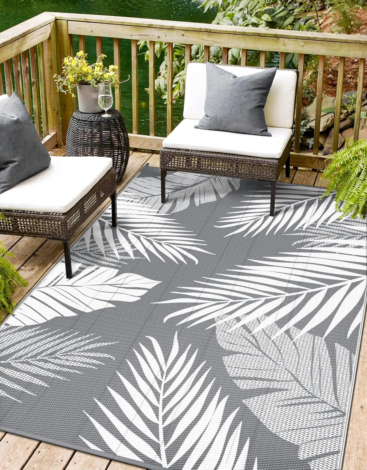 Outdoor Rug 4′ x 6′ for Patio Waterproof Clearance, Reversible Indoor Outdoor Plastic Straw Camping Rug Carpet, RV Mat, Large Area Rug for Deck, Backyard, Balcony, Porch, Beach, Grey and White