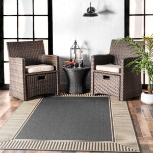 nuLOOM 6′ 7″ x 9′ Outdoor Area Rug, Casual Design With Striped Border, Stain Resistant, Highly Durable, For Patio, Balcony, Bedroom, Living Room, Dining Room, Bathroom, Dark Grey