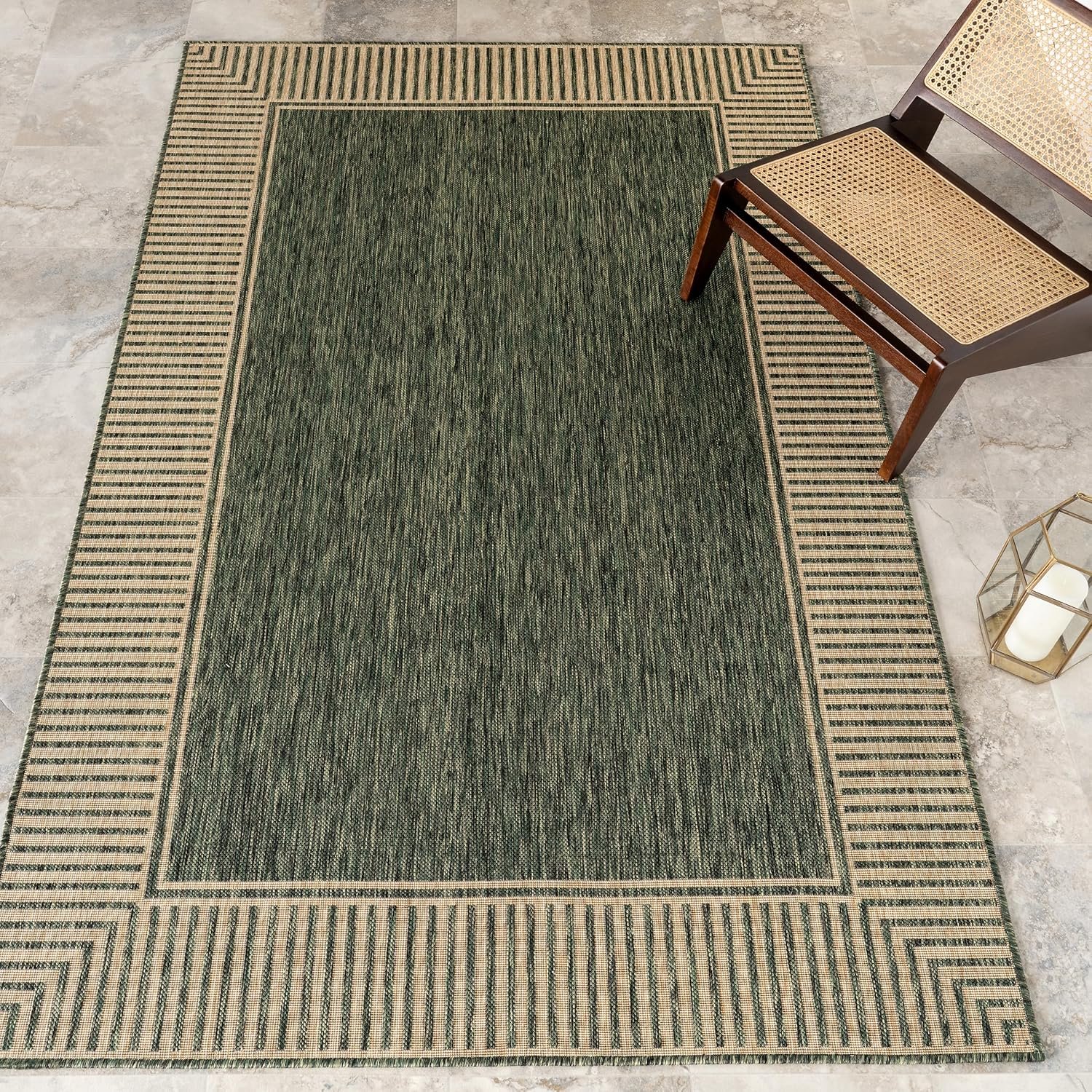 nuLOOM 6′ 7″ x 9′ Outdoor Area Rug, Casual Design with Striped Border, Stain Resistant, Highly Durable, for Patio, Balcony, Bedroom, Living Room, Dining Room, Bathroom, Dark Green