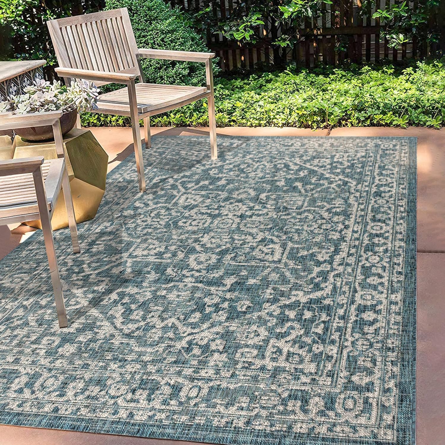 JONATHAN Y SMB104B-8 Malta Bohemian Medallion Textured Weave Indoor Outdoor Area Rug, Coastal, Traditional, Transitional Easy Cleaning,Bedroom,Kitchen,Backyard,Patio,Non Shedding, Teal/Gray, 8 X 10