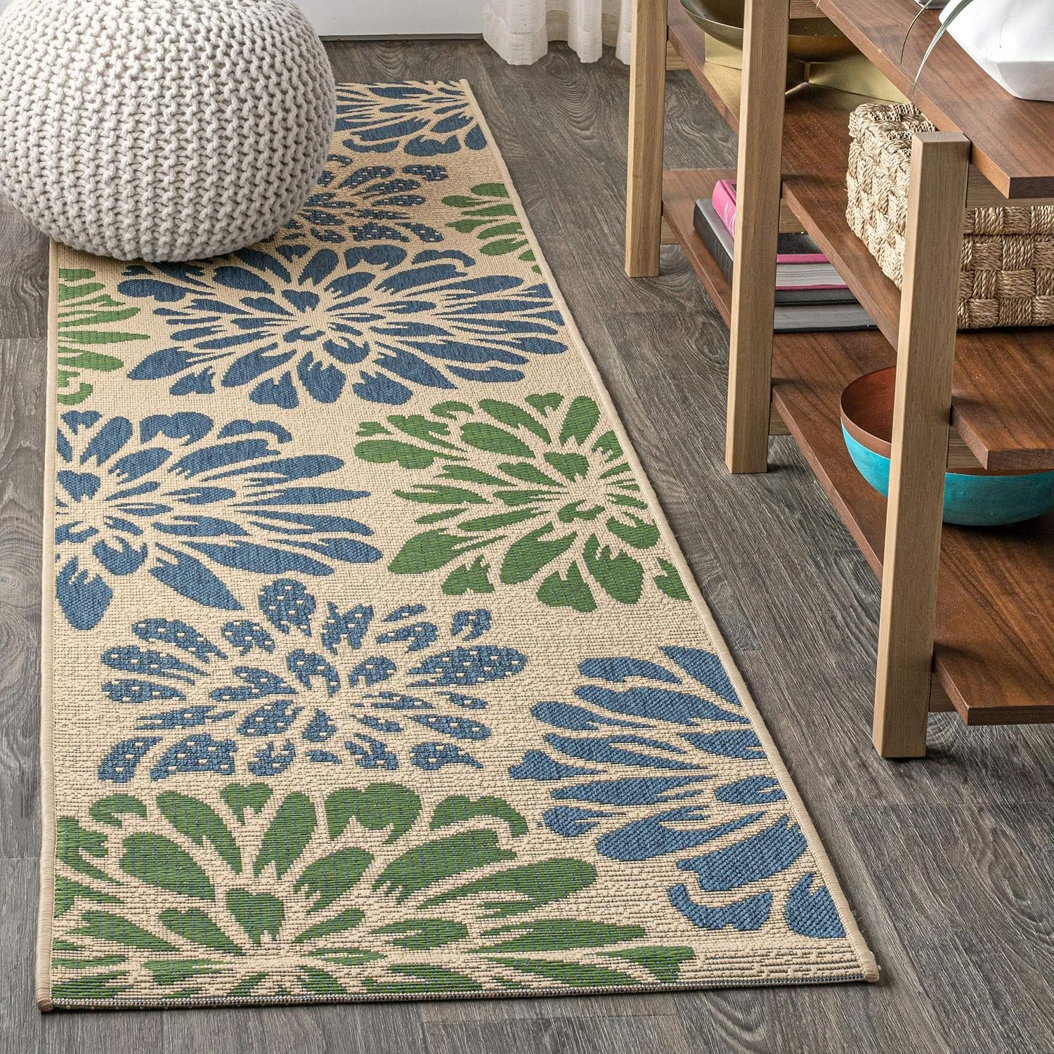 JONATHAN Y SMB110B-28 Zinnia Modern Floral Textured Weave Indoor Outdoor Runner Rug Bohemian Coastal Easy-Cleaning Bedroom Kitchen Backyard Patio Non Shedding, 2 X 8, Navy/Green