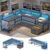 SEDETA L Shaped Office Desk, 66″ Home Office Desk with File Drawer & Power Outlet, Gaming Desk with Led Lights, Corner Computer Desk with Monitor Shelf, Printer Storage Shelves, Two Person Desk, Grey